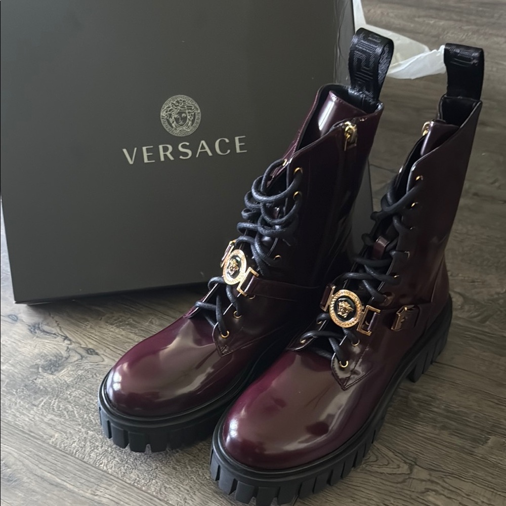Versace Burgundy Combat Moto Boots